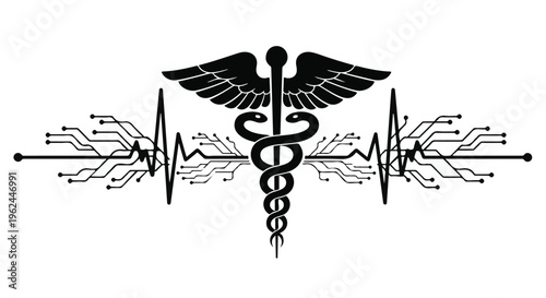 Medical symbol with wings and circuit board design