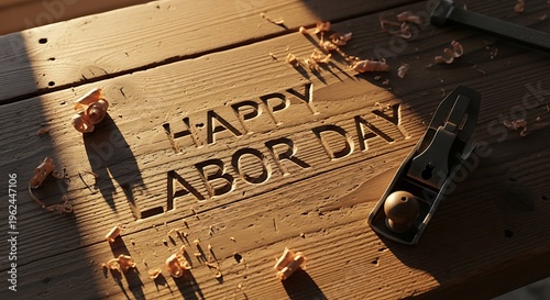 Happy Labor Day celebration with woodworking tools and carved wooden plank