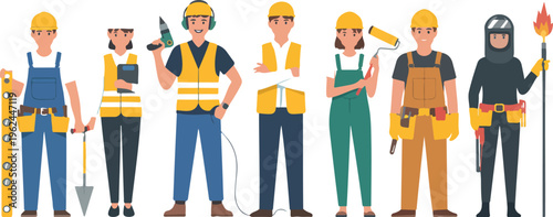 Construction profession character set with male and female builders wearing helmets and safety vests working industry vector illustration