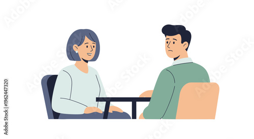 Illustrative Conversation: Man and Woman Communicating or Consulting with Different Expressions