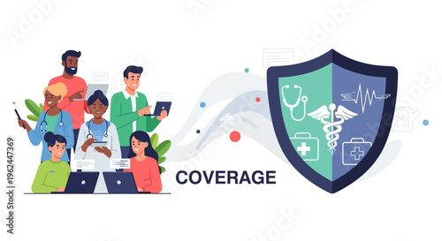 Health Insurance and Medical Coverage Concept with Diverse Healthcare Team, Digital Services, and Protection Shield Illustration
