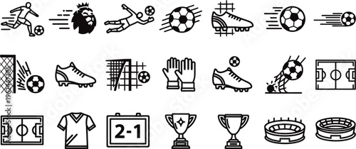 An assortment of stylized vector symbols details necessary components for football sports, including uniforms, footwear, and game apparatus.