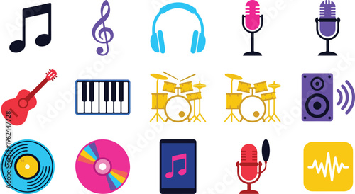 Various musical instruments and sound equipment icons are displayed in a grid on a white background.