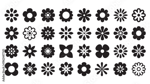Black flower icons, floral symbols, vector graphics, 25 flower shapes