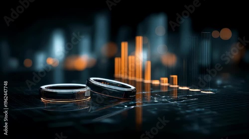 3D infographics for business presentation with neon glowing charts, bars and pie diagrams.