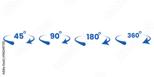 Blue arrows with degree symbols for rotation angles  45 to 360 degrees  rotation icons
