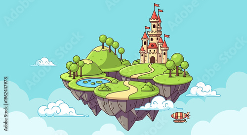 Colorful cartoon illustration of fantasy floating island with castle and trees