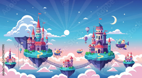 whimsical floating castles in the sky with clouds and hot air balloons