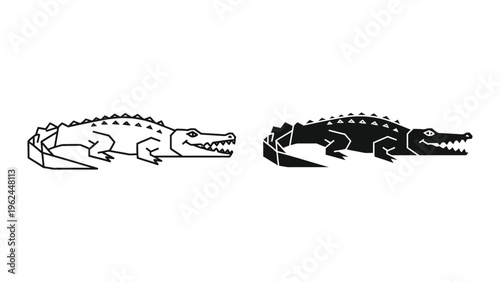 Geometric and solid black crocodile illustrations with distinct artistic styles