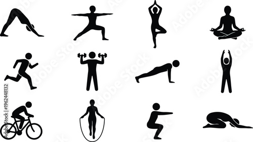 Silhouettes of people performing various fitness activities including yoga poses, running, weightlifting cycling jump roping and stretching exercises.