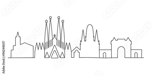 Barcelona city skyline illustration, modern one line drawing architecture