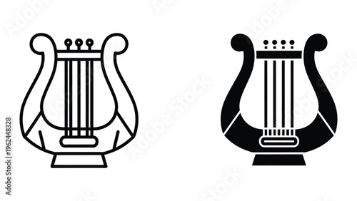 Contrasting illustrations of an ancient lyre musical instrument in black and white styles