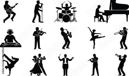 Multiple human figures are depicted in silhouette form performing various artistic activities and playing musical instruments on a plain white background.