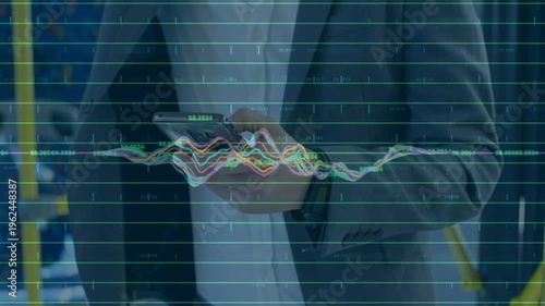 Man swiping phone on train, driving finance chart peaking then settling while tracking stocks