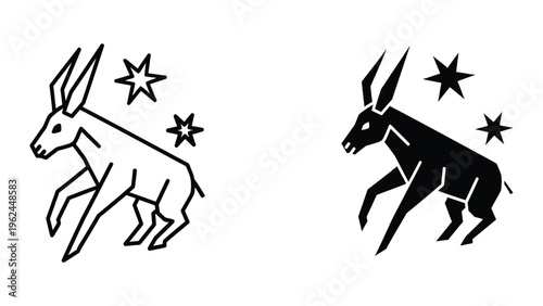 Contrasting depictions of a celestial ram symbol in white and black versions with stars
