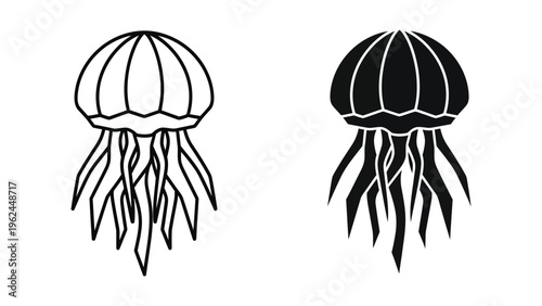 Contrast between a white and black jellyfish illustration with long trailing tendrils