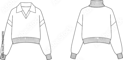 WebBlack and white technical fashion illustration of cropped sweaters featuring V‑neck collared design and ribbed turtleneck style, long sleeves, ribbed cuffs, waistband, and relaxed fit.