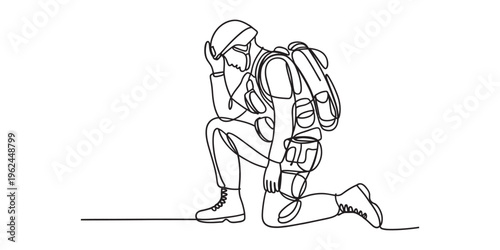 Continuous line drawing of a traveler with backpack on one knee
