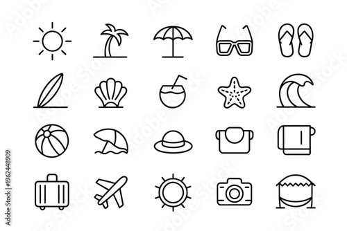 Collection of simple line art icons representing summer and vacation themes