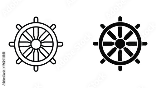 Comparison of two different ship steering wheel designs in black and white