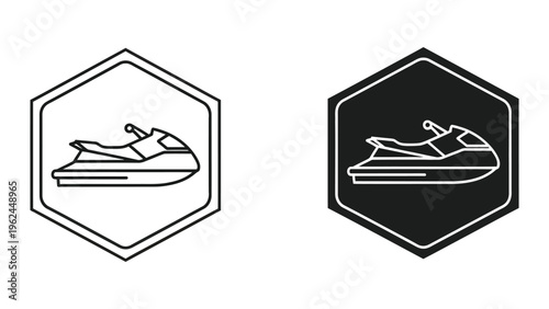 Contrasting jet ski icons in white and black hexagon backgrounds