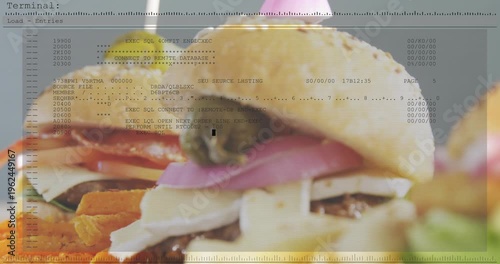 Stacked burgers shifting focus while terminal overlay emerging from top via code, showing menu data