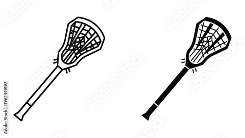 Two lacrosse sticks depicted in a minimalist black and white illustration style