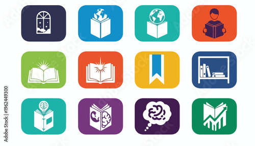 A flat lay of colorful icons representing World Book and Copyright Day on a clean white background with educational symbols