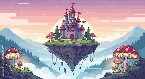 whimsical floating castle on cliff with mushrooms fantasy landscape