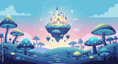 whimsical fantasy castle floating on mushroom landscape illustration