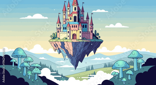 whimsical fantasy floating castle with towers and spires on cliff surrounded by mushr