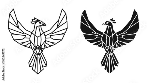 Geometric and monochromatic phoenix illustrations with geometric patterns