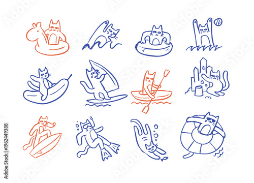 Imperfect hand drawn cute cats summer set. Funny doodle animals on beach with surfboard, kayak and swimming ring. Scribble blue ink sketch outline vector illustration for funky kids t-shirt print.
