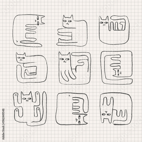 Imperfect hand drawn funny cats in square shapes. Set of weird doodle outline animals on grid background. Sketch scribble gray slate-pencil vector illustration for funky tattoo, sticker or kids print.