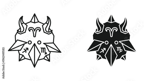 Contrasting devilish symbols featuring sagittarius and capricorn emblems with opposing styles