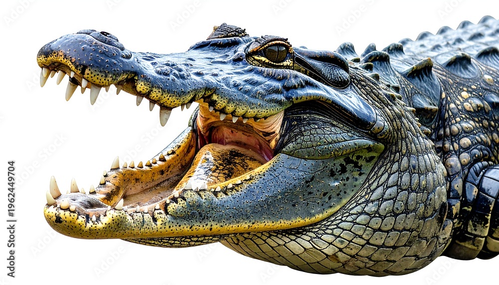 Obraz premium Close-up of a reptile with a large mouth and sharp teeth, showing a detailed texture of scales and skin. Isolated on white background