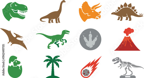 Collection of stylized dinosaur icons includes a tyrannosaurus rex head, brontosaurus, pterodactyl raptor triceratops stegosaurus and dinosaur skeletons.