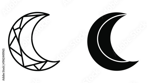 Contrasting depictions of crescent moon phases with geometric and solid designs