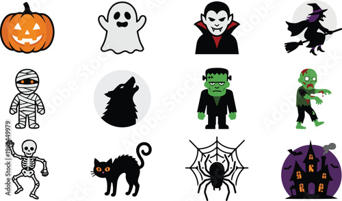 Collection of charming cartoon halloween icons including a pumpkin ghost vampire witch mummy werewolf frankenstein zombie skeleton black cat spider and haunted house.