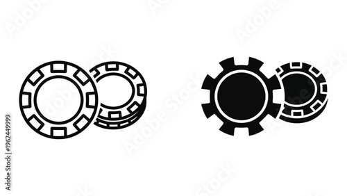Contrasting black and white poker chips and gear designs shown side by side