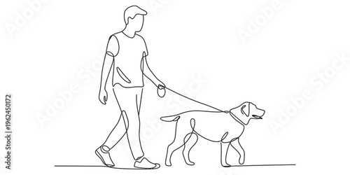 man walking dog on leash minimalist line art