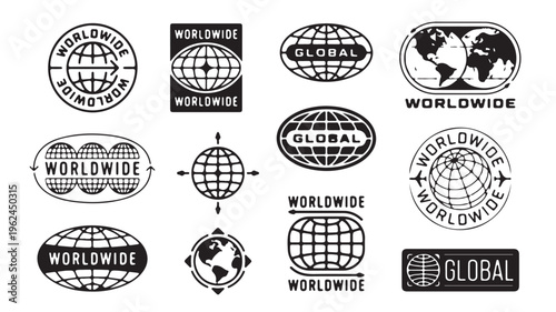 Global, Worldwide, International Badges, Logos, and Icons Set, Black and White Vector Graphics