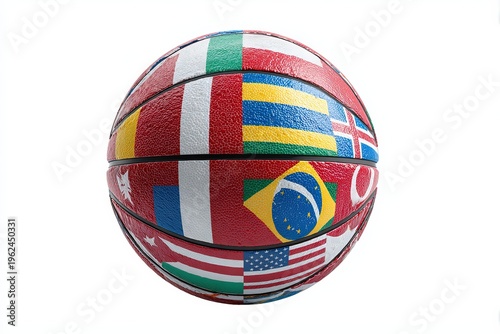 A basketball stands as a vibrant mosaic of international flags, symbolizing unity and global sportsmanship.