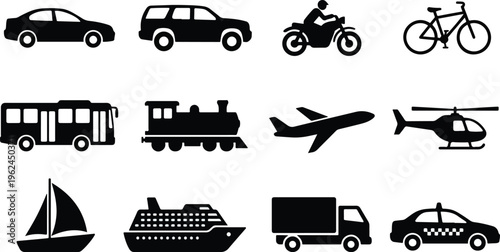 Collection of various vehicle icons representing different modes of transportation including cars, buses, trains airplanes and boats.