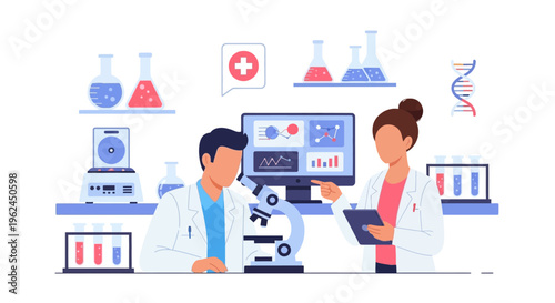 Scientists Collaborating in Modern Lab: Research, Data Analysis, Biotechnology & Healthcare Innovation Vector Illustration