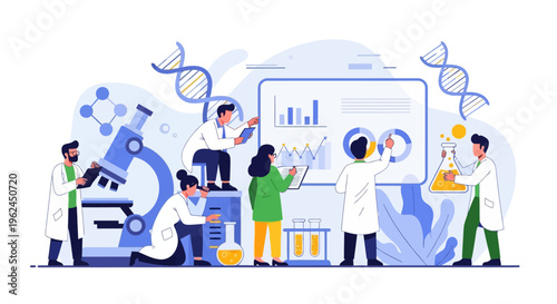 Collaborative Science Research Team Analyzing Data & DNA in a Modern Lab