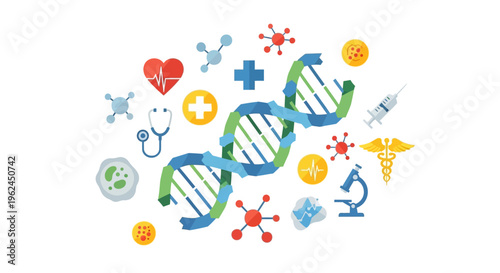 DNA, Healthcare & Medical Science Concept with Genetic Research, Treatment, and Biology Flat Design Icons