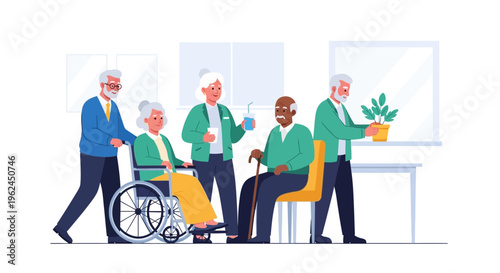 Diverse Group of Seniors Receiving Care & Companionship in a Retirement Home Setting - Flat Illustration