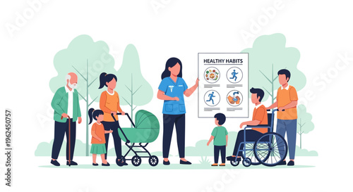 Healthcare Professional Educating Diverse Family on Healthy Habits, Wellness, and Preventative Care in a Community Park