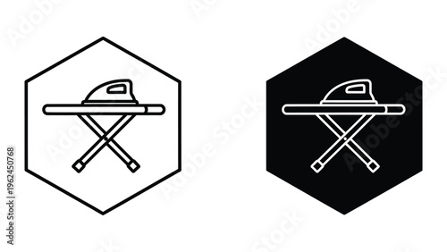 Contrasting camping gear icons within hexagonal borders in white and black versions